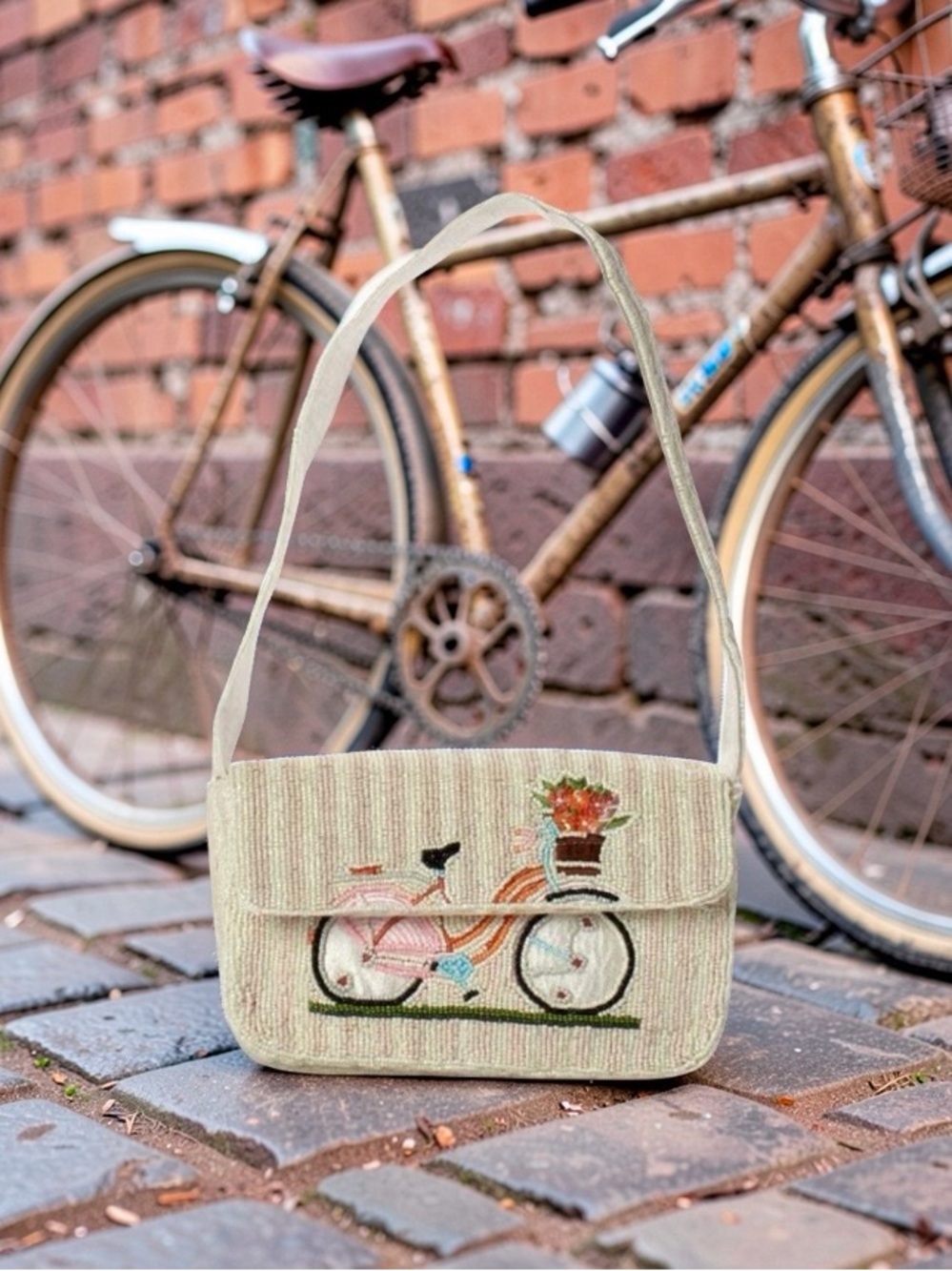 Cream Crossbody Bag with Embroidered Bicycle Motif